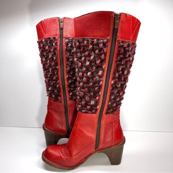 El Naturalista Women’s Red Leather Heeled Knit Boots Size EU 37 US 6.5 - Picture 8 of 12